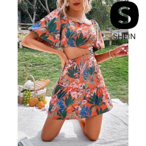 Shein Floral Print‎ Lantern Sleeve Cut Out Asymmetrical Neck Ruffle Hem - Picture 1 of 12